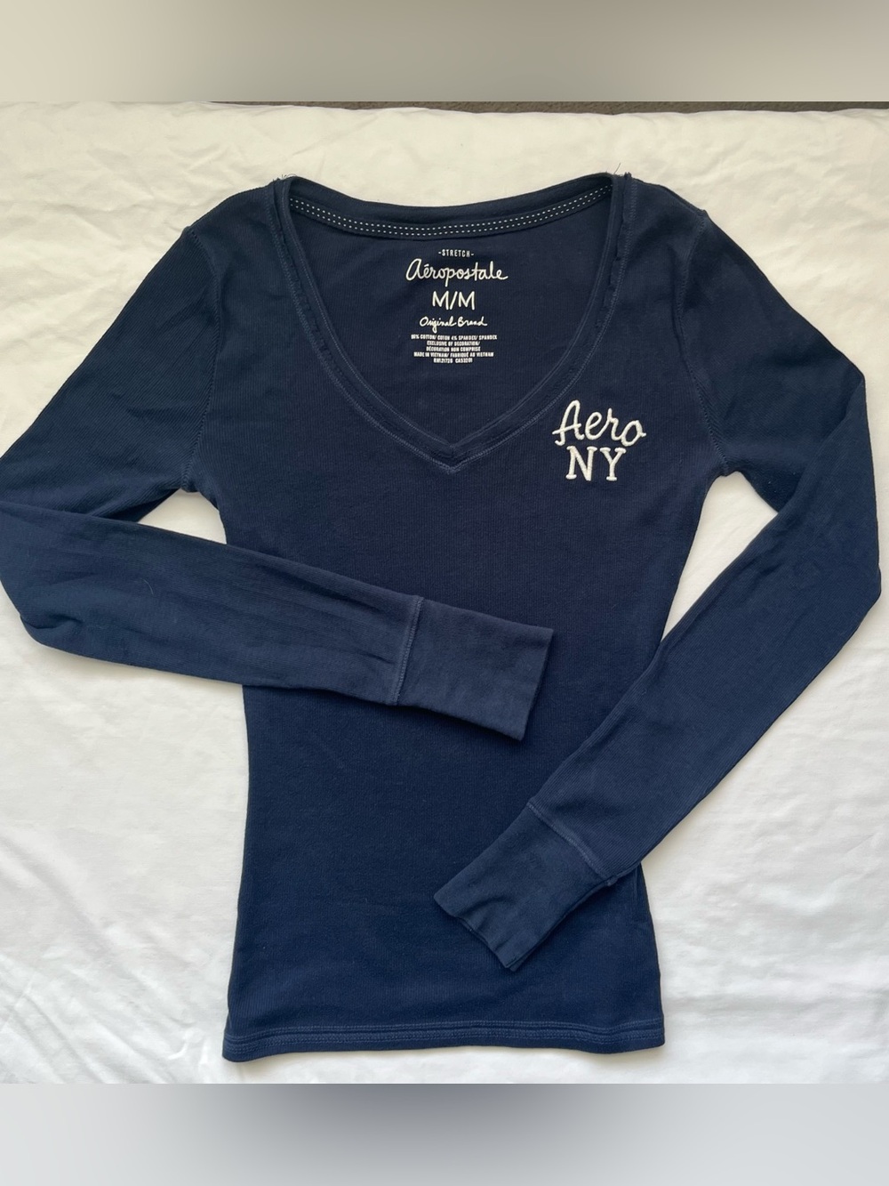 Aeropostale Navy V-Neck Long Sleeve Tee with Aero NY Embroidery